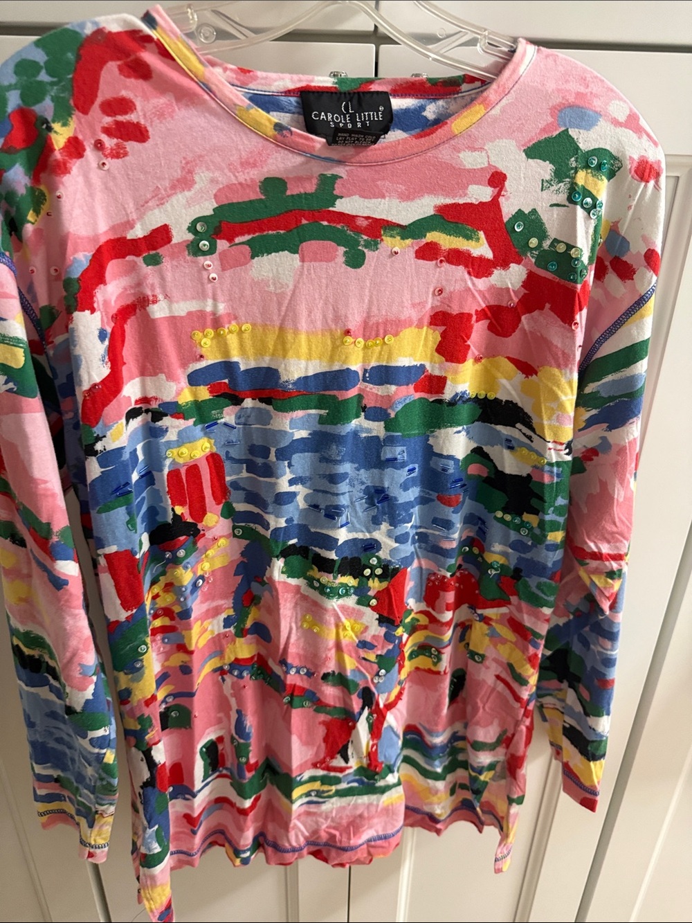 Carole Little Multicolor Abstract Crewneck Sweater — Pink Base. Size small